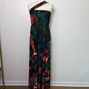 Soma One-Shoulder Tropical Maxi Dress in Black, Green & Coral